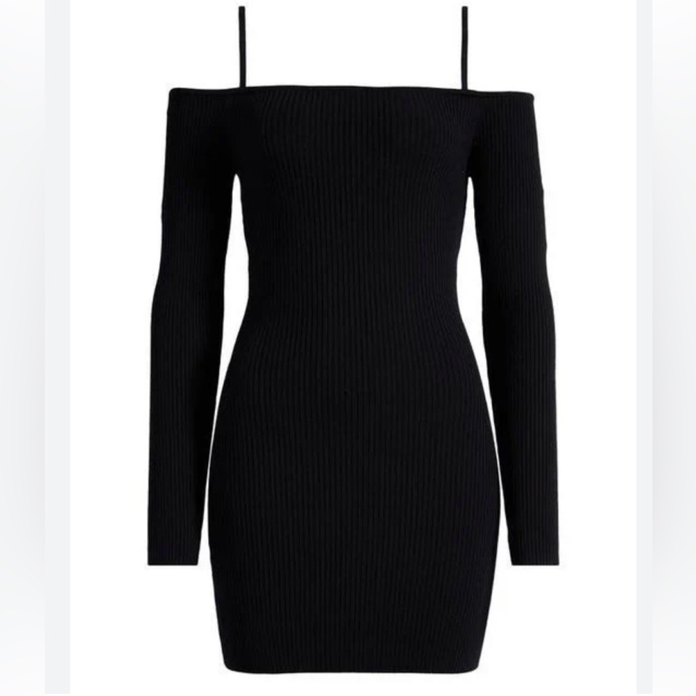 Good American Black Off Shoulder Ribbed Bodycon Dress